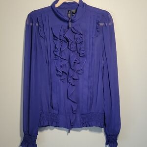 Bisou Bisou Purple Ruffled Mandarin Collar Blouse